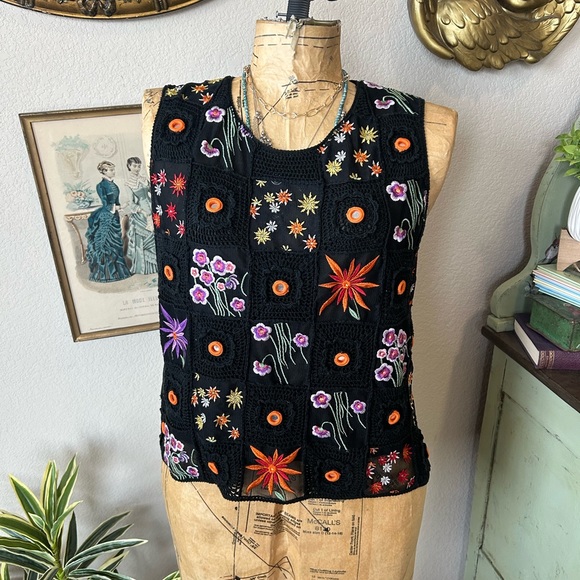 Jenni Max Y2K Black Colorful Crochet Embroider Sequin Silk Blend Boho Blouse XL - Picture 6 of 9